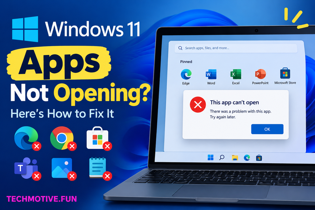 Windows 11 apps not opening with an error message displayed on a laptop, app icons marked with red X symbols, and TECHMOTIVE.FUN branding in pink at the bottom left
