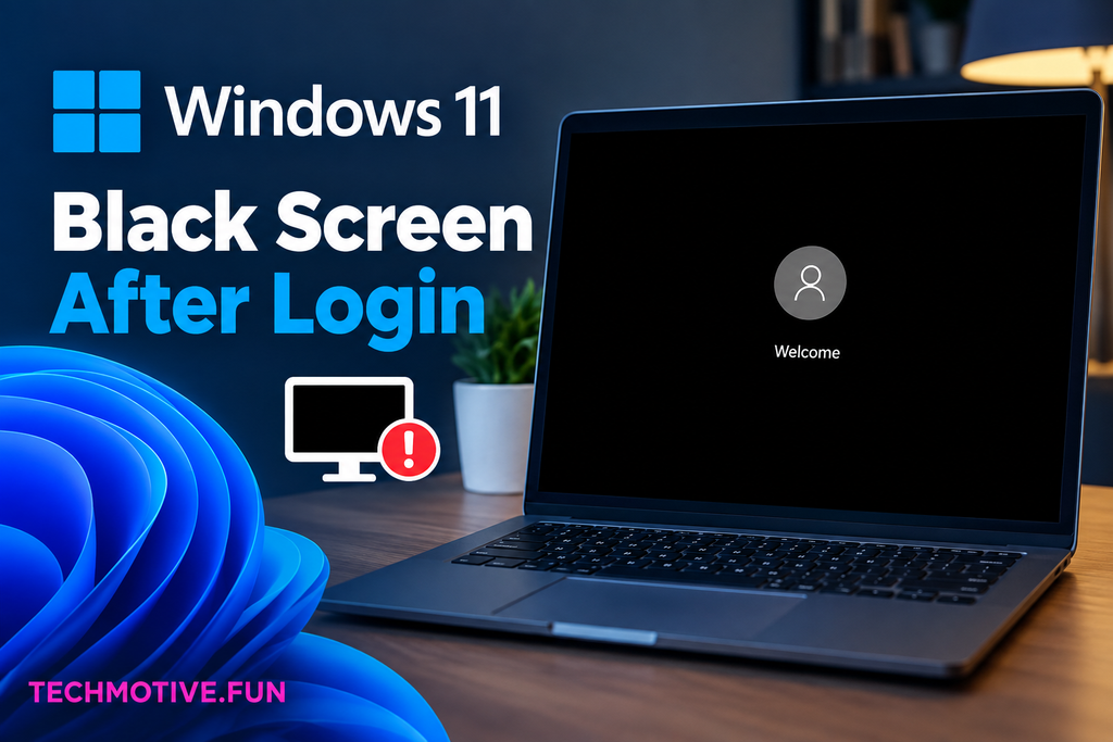 Windows 11 black screen after login displayed on a laptop, with troubleshooting-themed graphics and “TECHMOTIVE.FUN” in pink at the bottom left