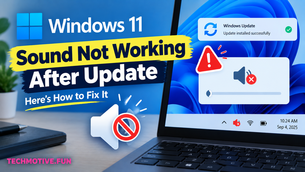 Windows 11 sound not working after update, showing a muted speaker, Windows Update notification, and audio troubleshooting warning on a laptop, with TECHMOTIVE.FUN branding