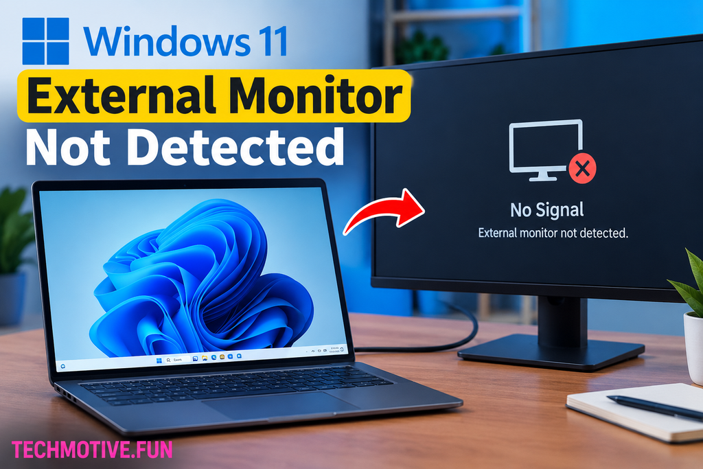 Windows 11 external monitor not detected showing a laptop connected to a monitor with a “No Signal” message