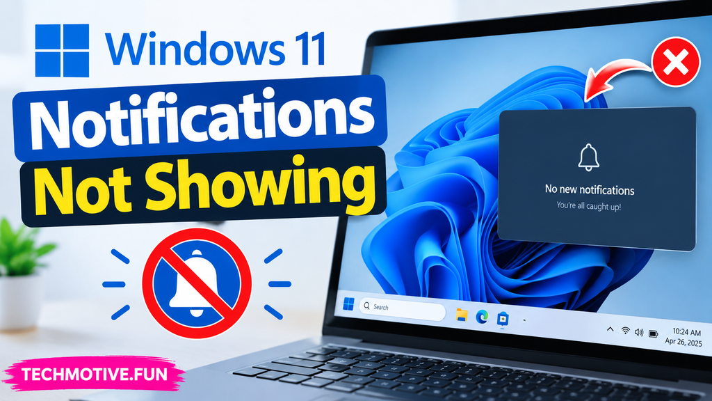 Windows 11 notifications not showing fix with notification settings and a muted bell icon on a laptop screen