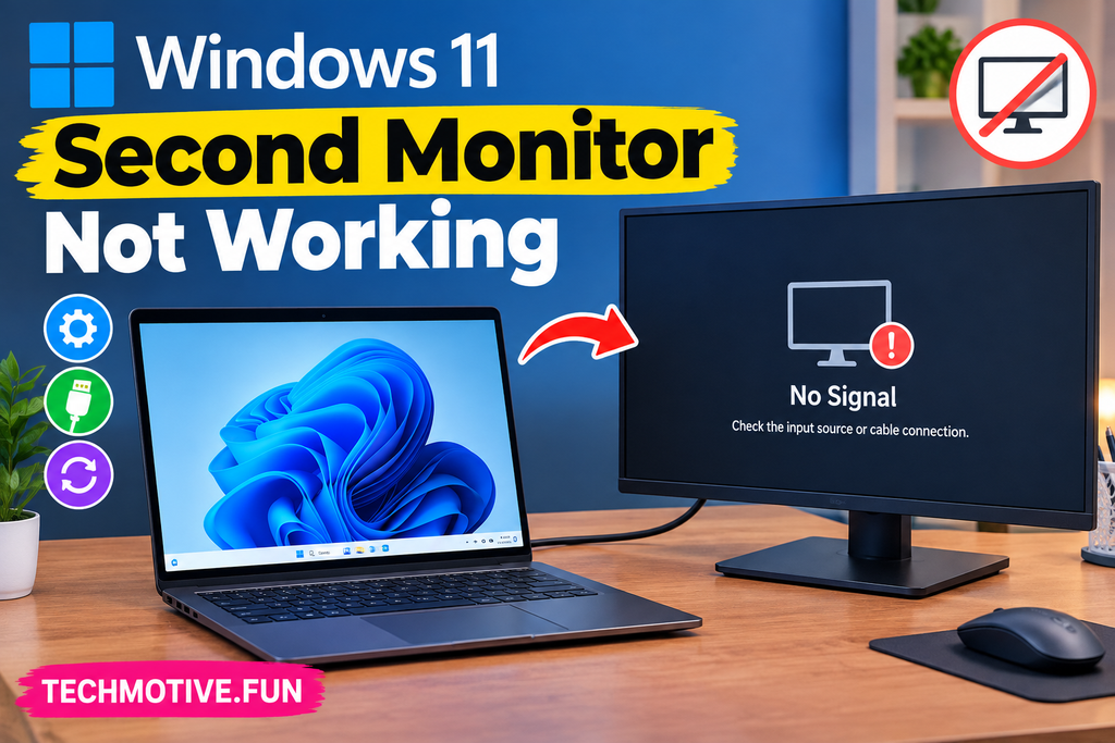 Windows 11 second monitor not working, showing a laptop connected to an external monitor with a “No Signal” warning
