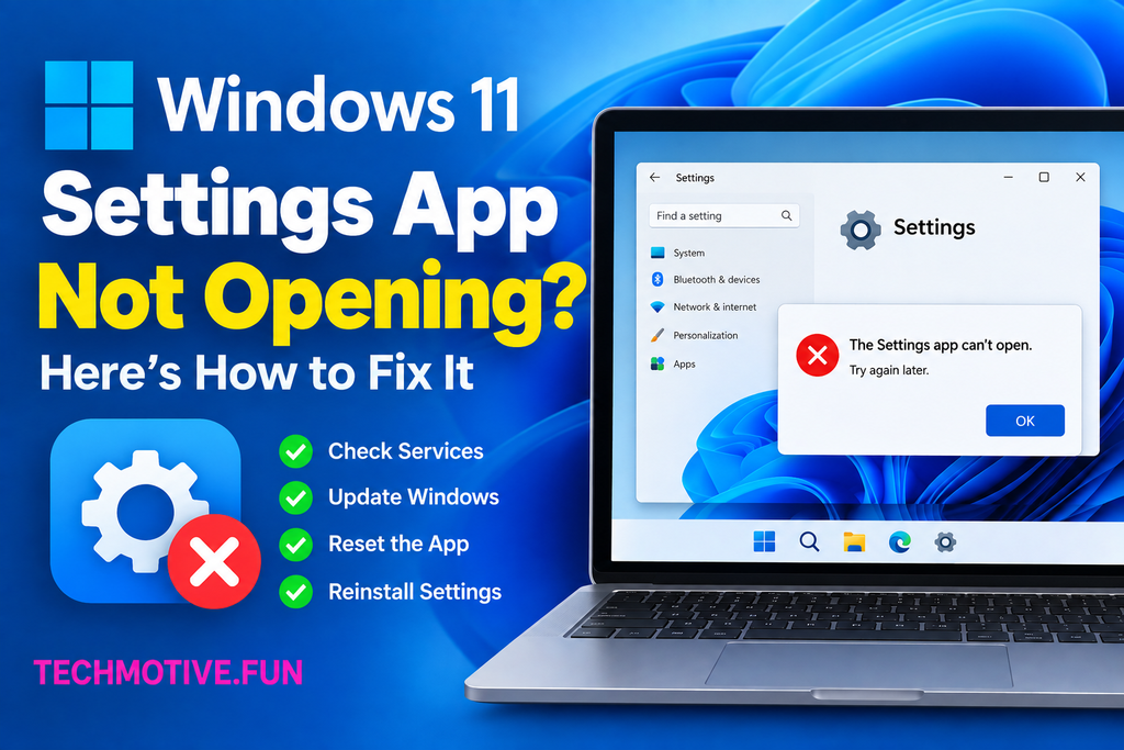 Windows 11 Settings app not opening, showing a Settings error message on a laptop screen with troubleshooting tips and TECHMOTIVE.FUN in pink at the bottom left