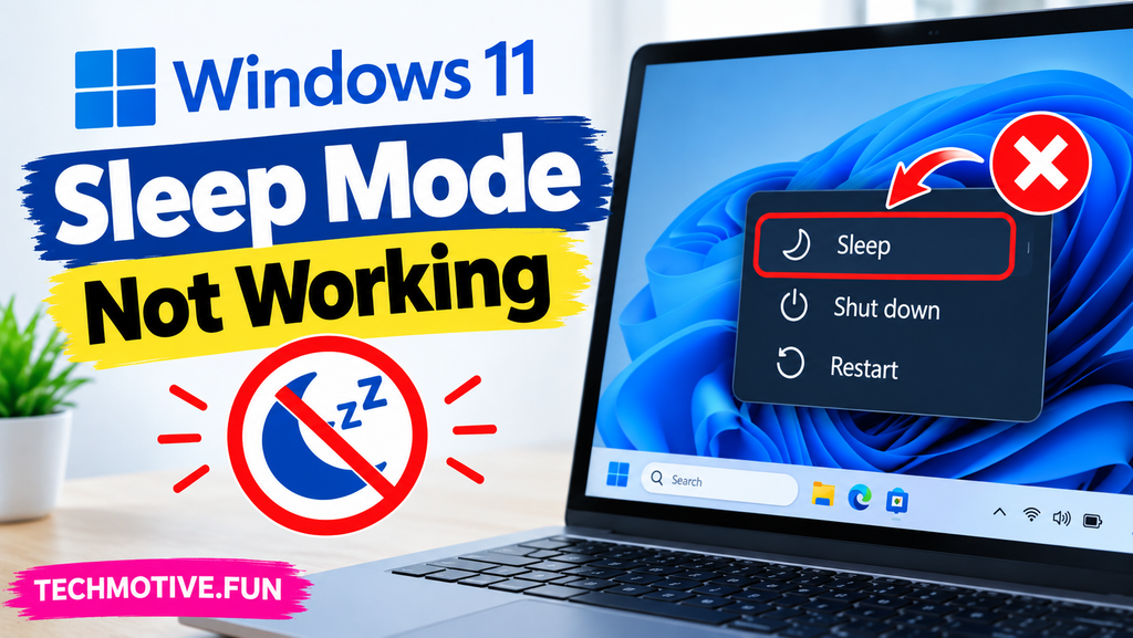 Windows 11 sleep mode not working fix with a laptop power menu, sleep option, and crossed-out sleep icon