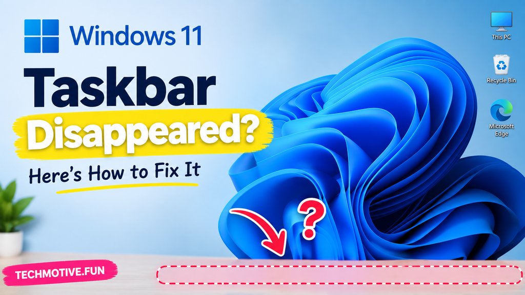 Windows 11 taskbar disappeared with the missing taskbar highlighted on the desktop, showing troubleshooting steps and TECHMOTIVE.FUN branding.