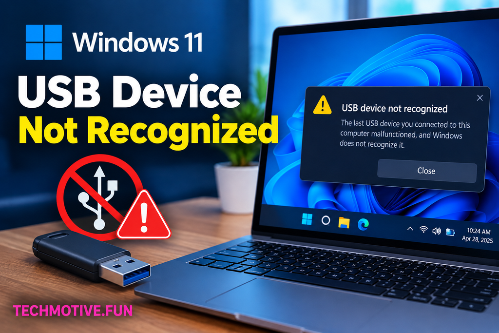 Windows 11 laptop showing a “USB device not recognized” error, with a USB flash drive and warning icon beside the headline “USB Device Not Recognized