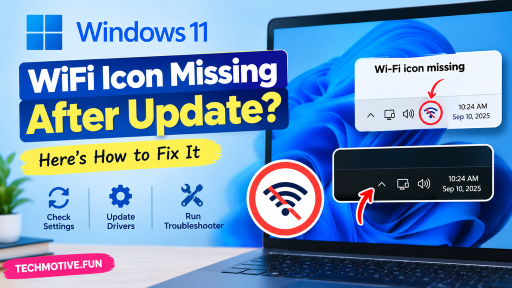 Windows 11 Wi-Fi icon missing after an update, showing a laptop with the missing Wi-Fi icon highlighted and troubleshooting steps, with TECHMOTIVE.FUN branding.