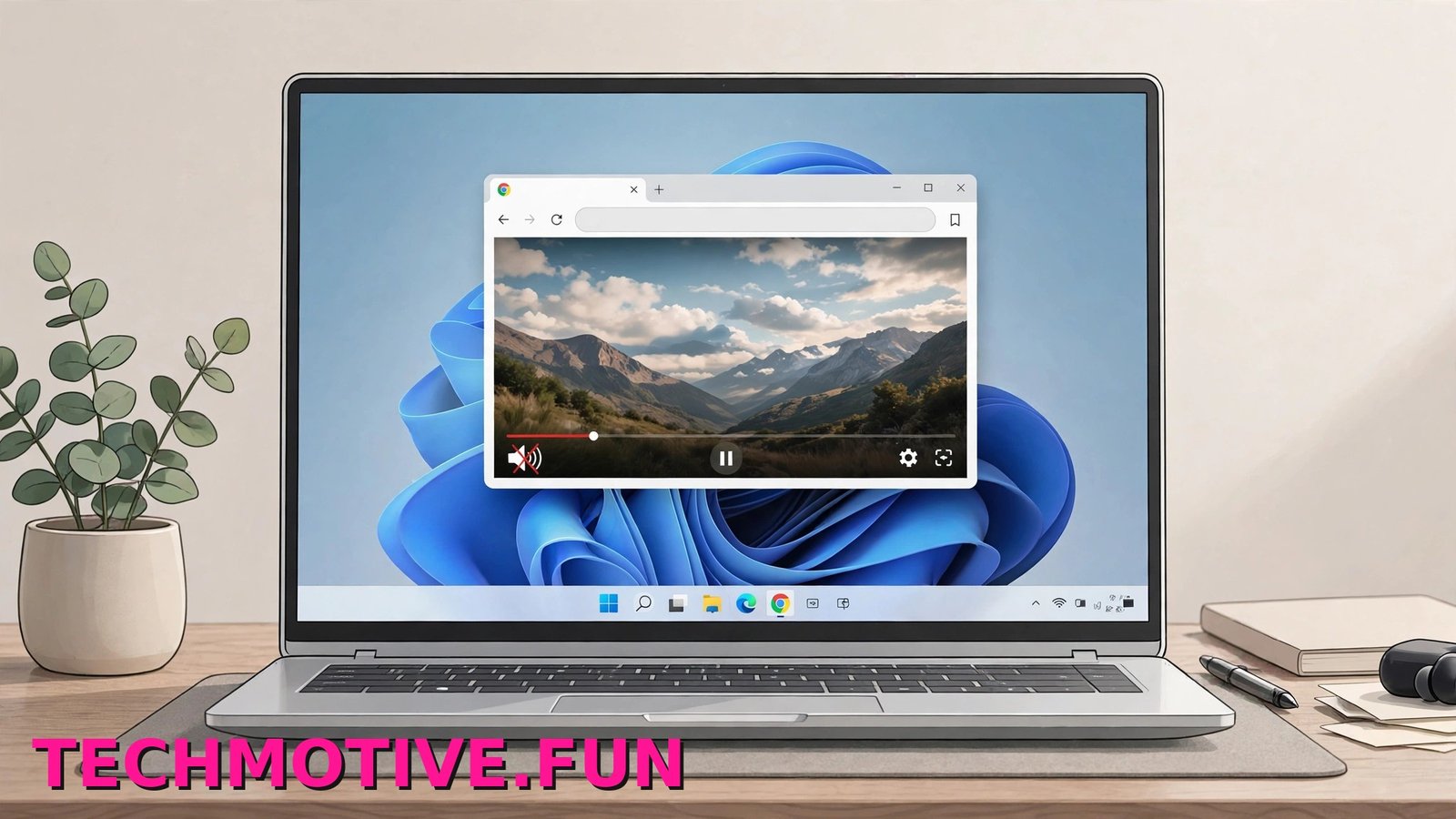 Laptop playing a video in Chrome with a muted speaker icon and no sound waves