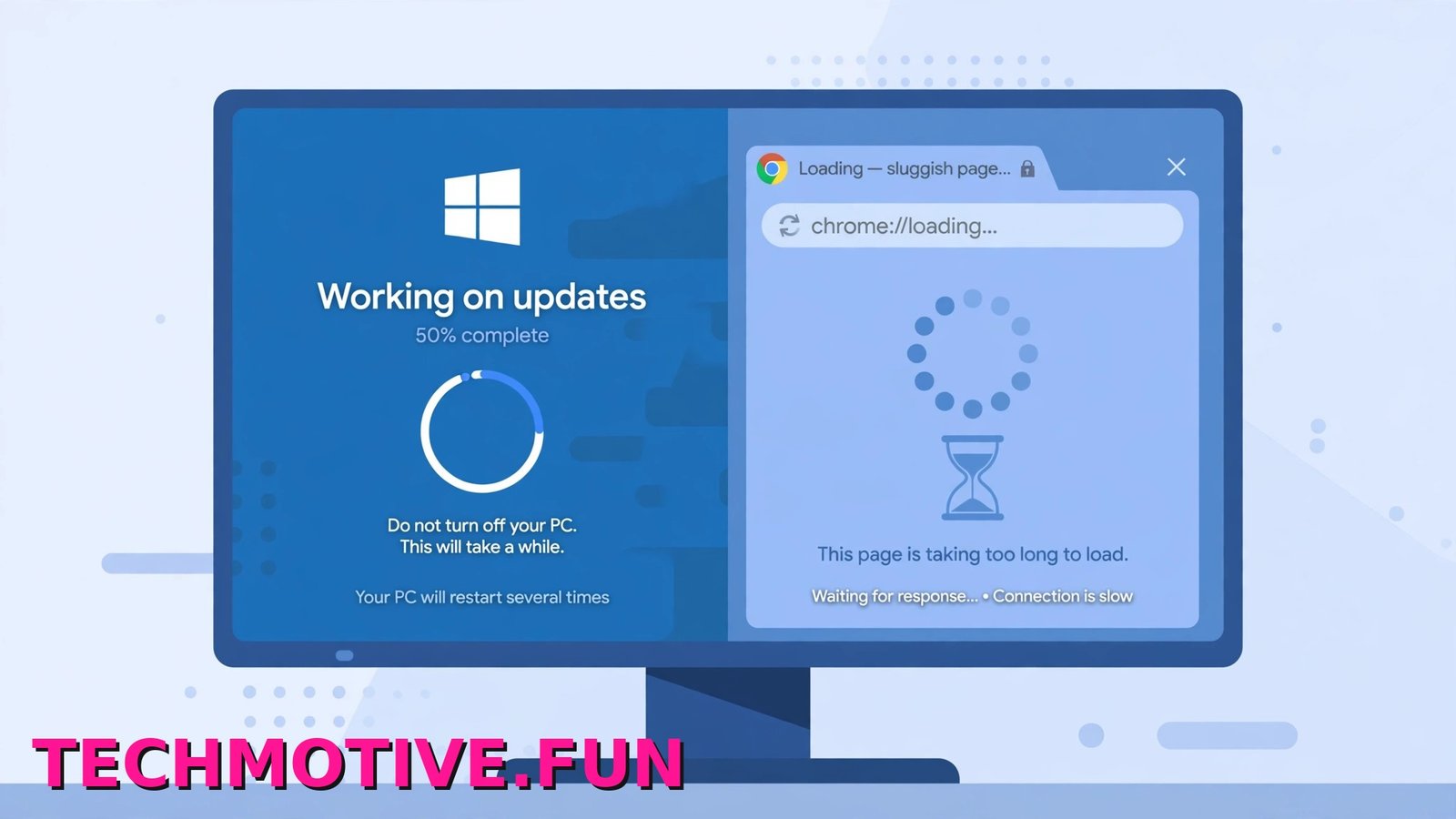 Laptop screen showing Google Chrome loading slowly after a Windows update, with the Windows Update settings open in the background.