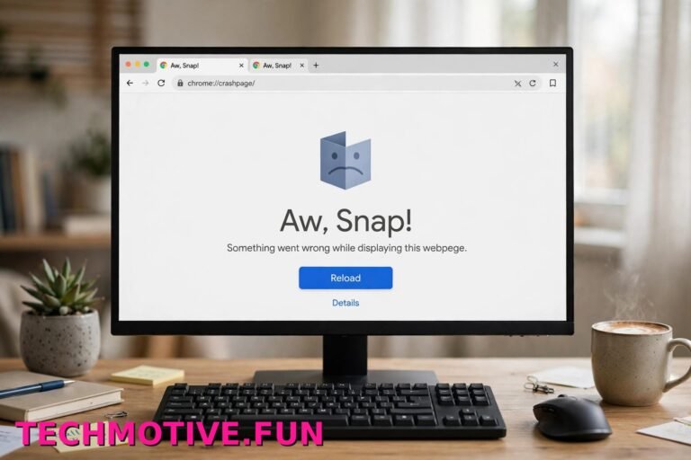 Google Chrome Aw Snap error page displayed on a computer monitor
