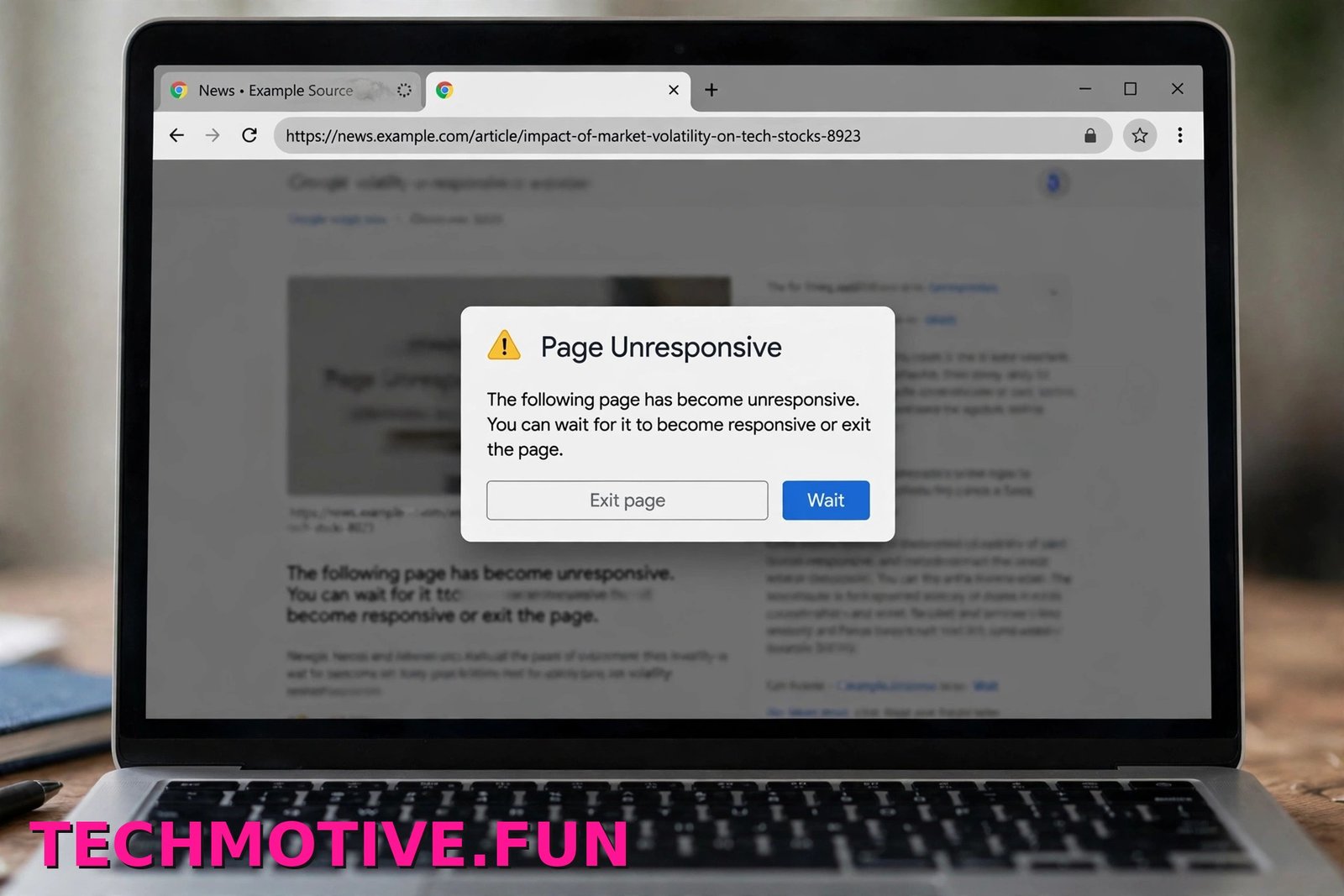 Page Unresponsive dialog box shown over a frozen web page in Google Chrome