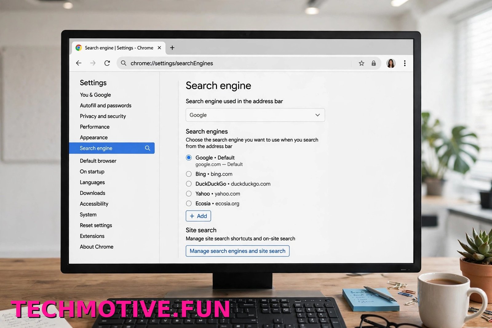 Chrome search engine settings page showing the default search engine options