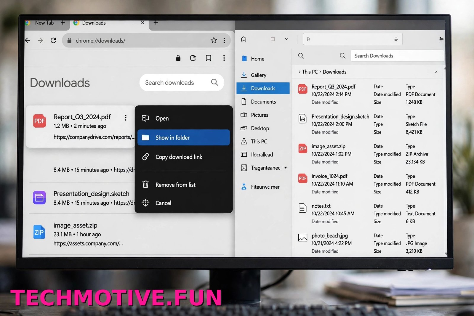 Chrome downloads list with the Show in folder option highlighted