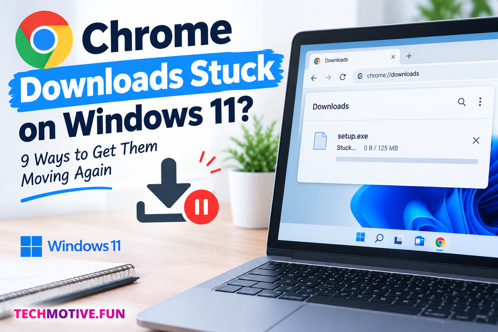 Chrome PDF viewer not working error displayed on a laptop screen, with a failed PDF file icon, red error symbol, and TECHMOTIVE.FUN branding in pink at the bottom left.