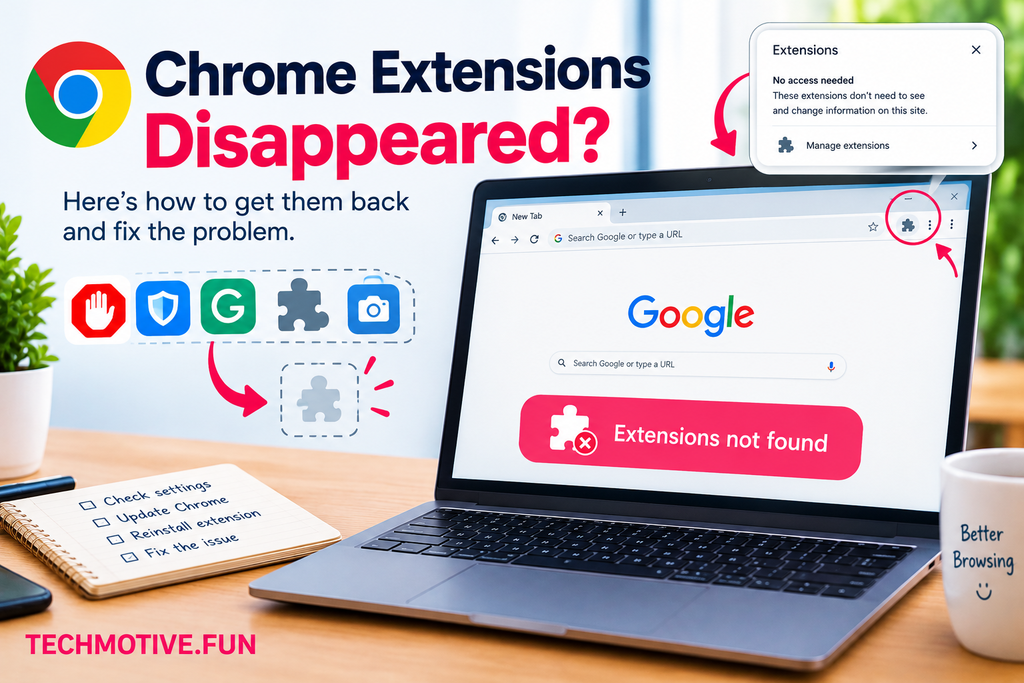 Chrome extensions disappeared troubleshooting guide showing missing extension icons on a laptop screen, with solutions to restore extensions and TECHMOTIVE.FUN branding in pink at the bottom left.