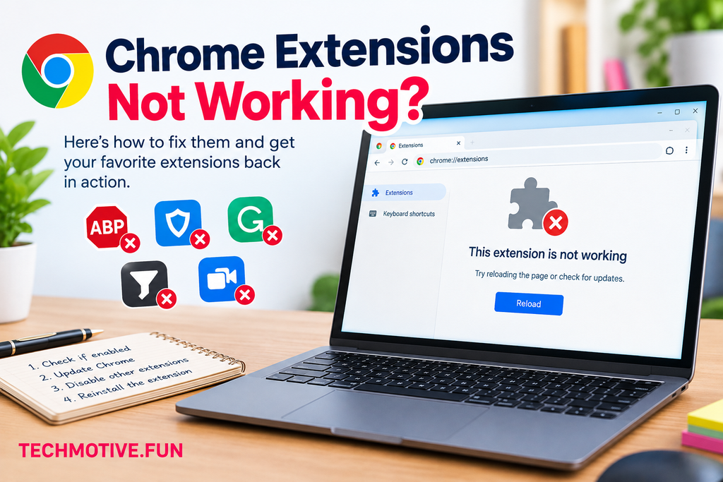 Chrome extensions not working troubleshooting guide showing a laptop with a Chrome extensions error, disabled extension icons, and TECHMOTIVE.FUN branding in pink at the bottom left.
