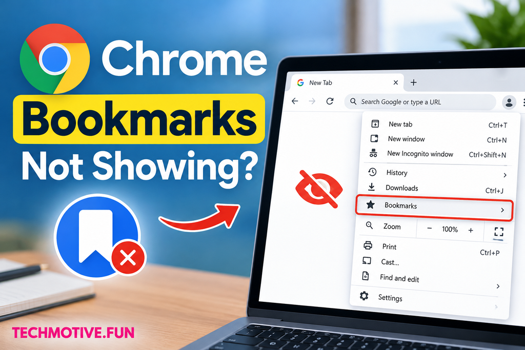 Chrome bookmarks not showing in Windows 11, with Google Chrome’s bookmarks menu highlighted and TECHMOTIVE.FUN branding in pink at the bottom-left corner.