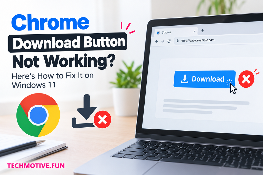 Chrome download button not working on Windows 11, showing a laptop with an unresponsive Download button and error icons, with TECHMOTIVE.FUN branding in pink.