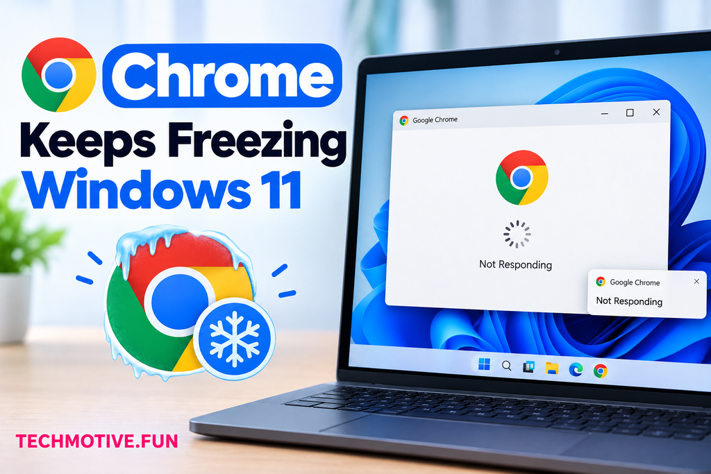 Windows 11 laptop showing Google Chrome frozen with a “Not Responding” message, alongside the Chrome logo and “Chrome Keeps Freezing Windows 11” text, with TECHMOTIVE.FUN branding.