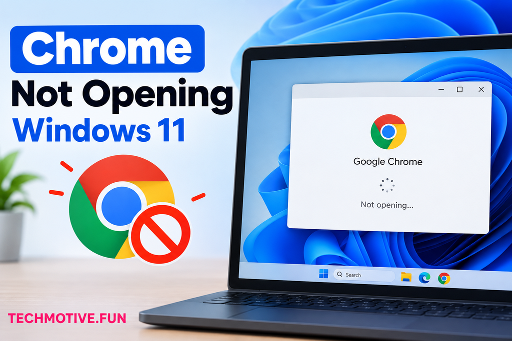 Windows 11 laptop showing Google Chrome stuck on the loading screen, with text “Chrome Not Opening Windows 11” and TECHMOTIVE.FUN branding