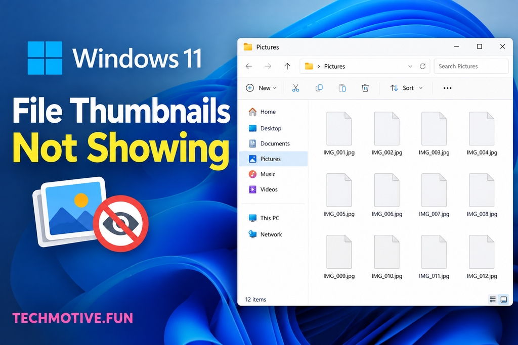 Windows 11 File Explorer showing blank file icons instead of image thumbnails, with the text “File Thumbnails Not Showing” and TECHMOTIVE.FUN in pink at the bottom left.
