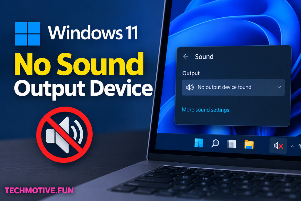 Windows 11 no sound output device error showing “No output device found” on a laptop, with TECHMOTIVE.FUN branding