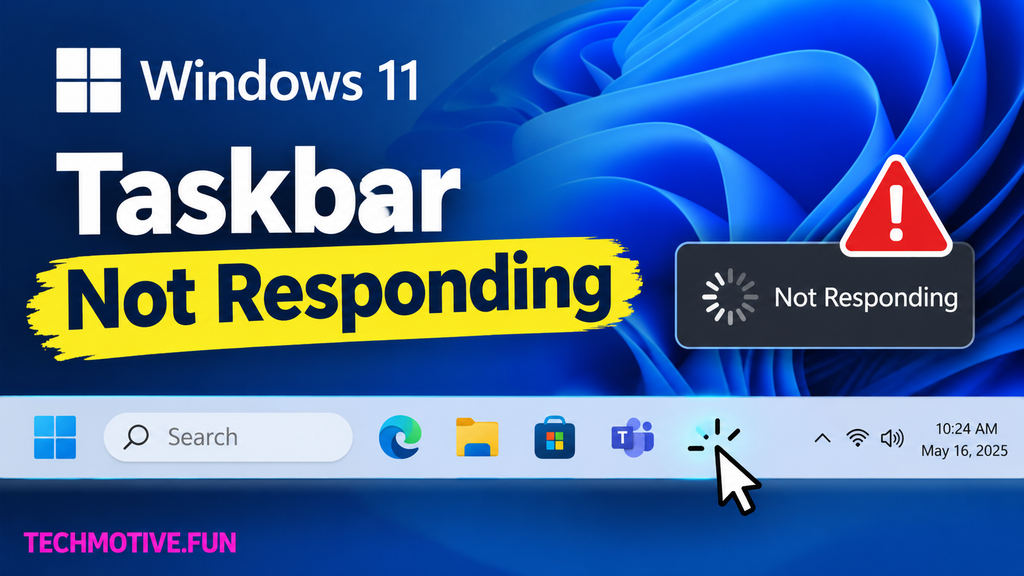 Windows 11 taskbar not responding with a warning message, shown in a modern blue troubleshooting graphic.